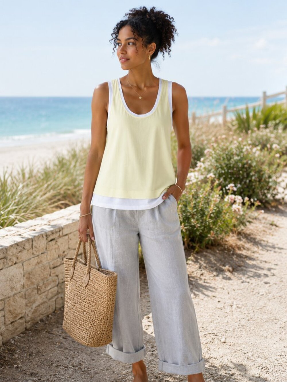 Brochu Walker Silk Linen Blend Layered Tank Yellow